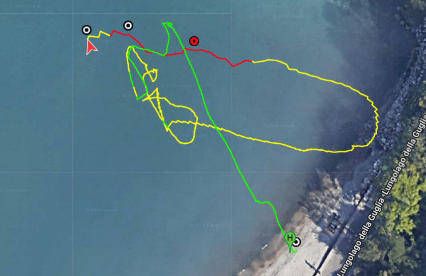 Annotated map of the DJI Neo flight path over the lake, showing the return path, unexpected arc, and crash area.